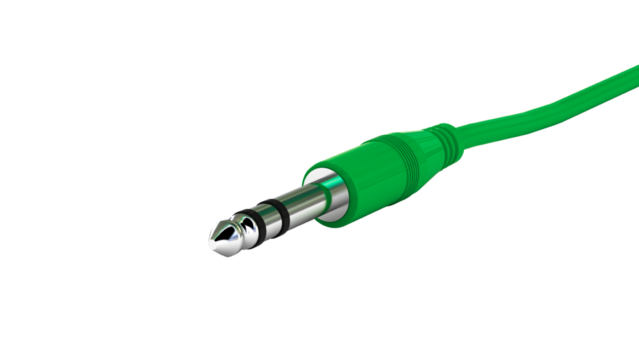A green audio cable with a 3.5 mm jack plug on a transparent background