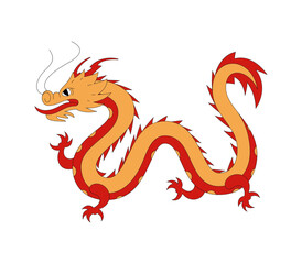 Stylized orange and red Chinese dragon with black outlines depicted in a playful, serpentine pose against a transparent background