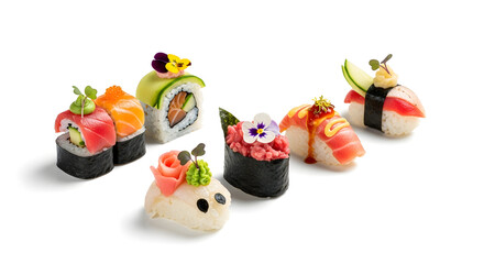 Obraz premium An assortment of beautifully arranged sushi pieces, garnished with flowers and vegetables, presented on a white background.