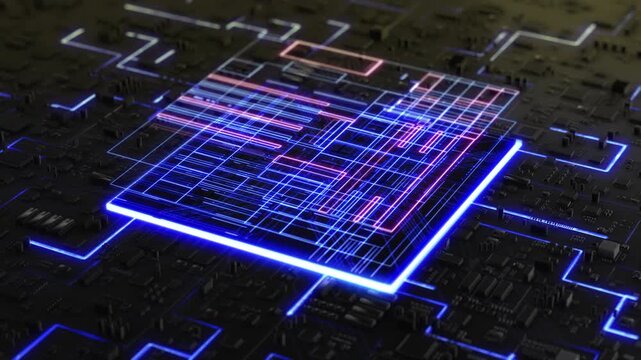 Futuristic Glowing Microchip With Neon Blue And Pink Circuit Lines Symbolizing Digital Technology. AI Computing Systems. 