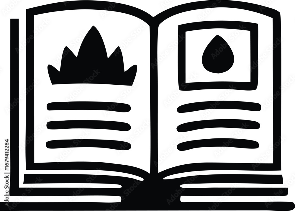 Poster open book icon with leaf and drop symbol representing knowledge and nature or liquid content