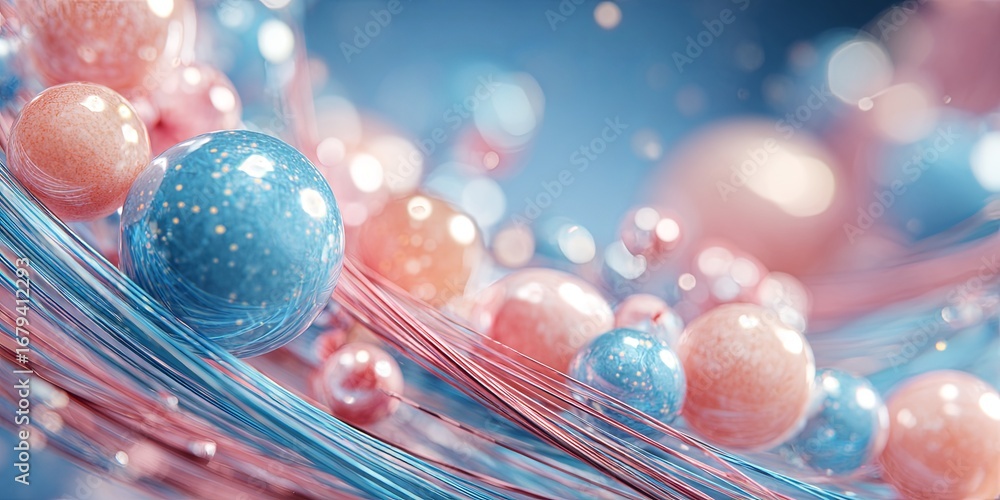 Poster abstract molecular structure with colorful bubbles and twisted fibers in soft pink and blue backgrou