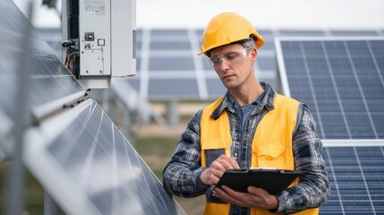 Technician Checking Solar Power System Inverter Unit