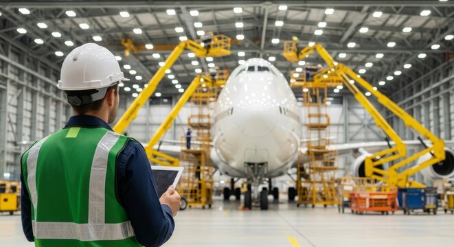 Engineer Inspecting Airplane in Modern Maintenance Hangar