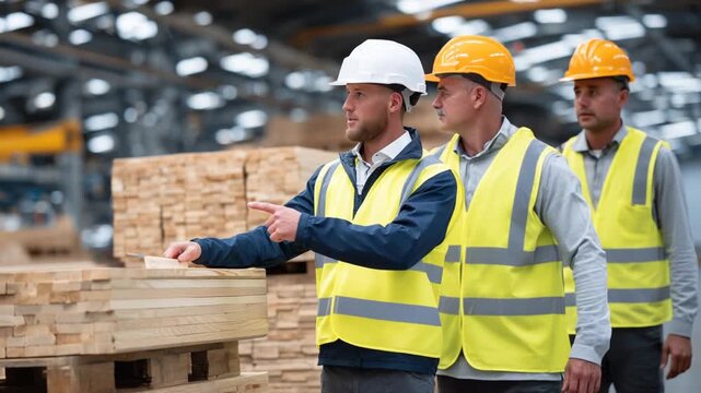 Workers in a modern timber factory collaborate on furniture material quality, examining grain patterns and wearing safety helmets.