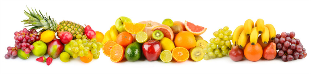 A Colorful Variety of Fresh Fruits isolated on white background. Collage.