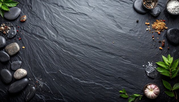 Dark slate surface arranged with various culinary elements, including stones, herbs, spices, and garlic.