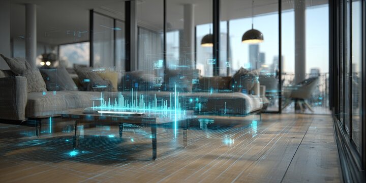 Digital Architectural Visualization on Tablet in Modern Living Room with Futuristic Elements and Data Overlay