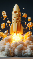 Cheese rocket launching from a cheese pad, humorous and surreal concept