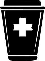 Obraz premium Black coffee cup with a cross on it. The cup is labeled with a medical symbol