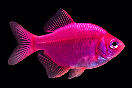 Vibrant pink glowfish tetra swimming gracefully against a stark black background