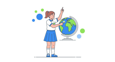 Fototapeta premium Schoolgirl Exploring The Globe, Pointing To A Specific Location For Geographic Study