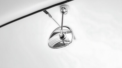 A detailed shot of a cara??s rearview mirror hanging from the ceiling, with a pure white background, emphasizing its simple yet essential design and functionality.