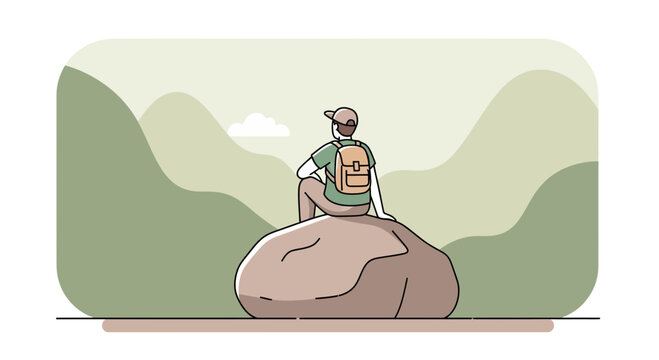 Person Sitting On Rock Observing Dramatic Mountain Landscape Minimalist Illustration Style - Powered by Adobe