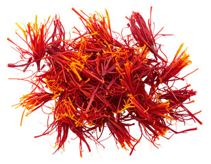 Naklejka premium Small Cluster of Saffron Pistils, Top-Down View, Isolated on White Background