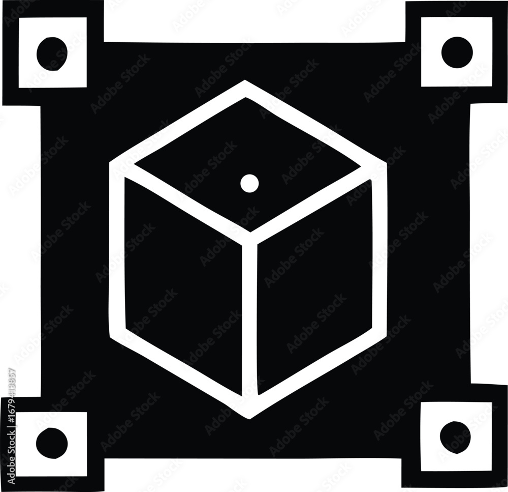 Poster augmented reality cube marker for digital content with tracking squares and a central dot representi
