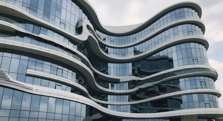 Modern curved glass building with unique architectural design
