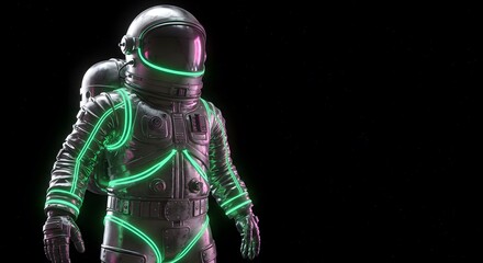 A futuristic astronaut, aglow in the darkness, representing space exploration