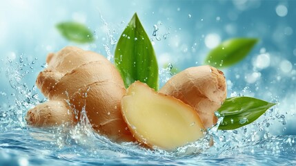 Ginger Root with Water Splashes and Green Leaves for Culinary and Wellness Projects