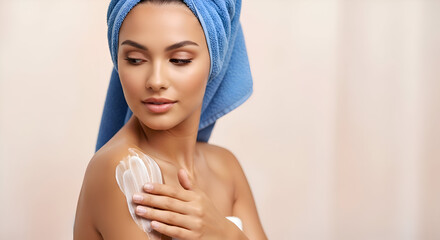 Woman applying lotion on her shoulder after a refreshing shower