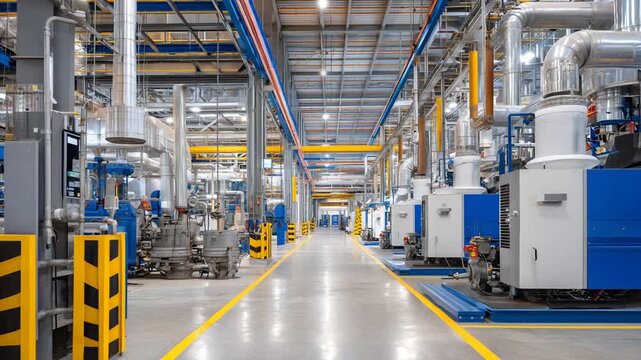 Explore a well-structured industrial space showcasing large gas boilers, visible flame chambers, insulated pipes, and advanced automated control systems within a robust steel framework.
