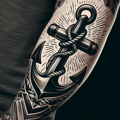 Classic Anchor with Rope on Arm. A bold, classic anchor wrapped in nautical rope, placed vertically on the forearm, shaded for depth.