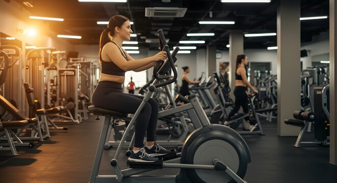A woman working out on an elliptical machine in a modern gym, surrounded by other people and equipment
