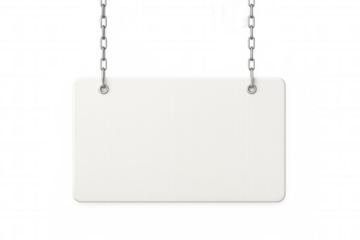 White rectangular sign suspended from metal chains, providing blank mockup surface for graphic design and branding presentation