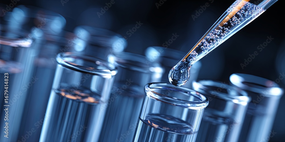 Poster glass pipette dropping liquid into test tubes in laboratory setting with blue background and scienti