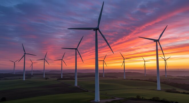 A picturesque scene of wind turbines against a stunning sunset sky. The turbines are harnessing the power of the wind for clean energy, with the sky ablaze with vibrant colors - Powered by Adobe