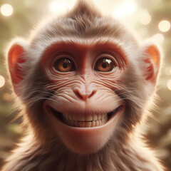 Close-Up Grinning Monkey. A lifelike close-up of a monkey’s face breaking into a wide, joyful grin, capturing expressive eyes and visible teeth.