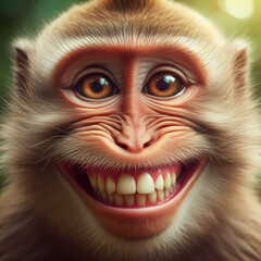 Close-Up Grinning Monkey. A lifelike close-up of a monkey’s face breaking into a wide, joyful grin, capturing expressive eyes and visible teeth.