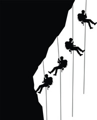 A black and white silhouette illustration of a group of rock climbers rappelling down a steep mountain cliff.