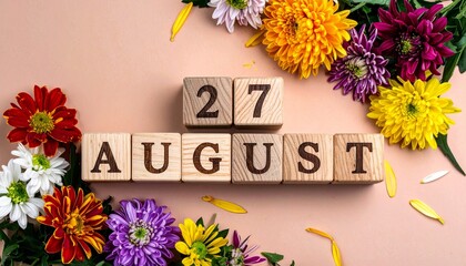 Wooden Blocks with Date 27 August. Floral Calendar – Vibrant Flowers on Solid Colored Background
