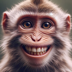 Close-Up Grinning Monkey. A lifelike close-up of a monkey’s face breaking into a wide, joyful grin, capturing expressive eyes and visible teeth.