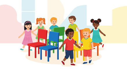 Playful Children Gather Around Colorful Chairs During Recreational Activity Together