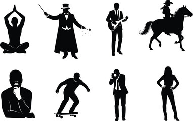 A diverse collection of human silhouettes, depicting various professions and hobbies like yoga, music, and sports.