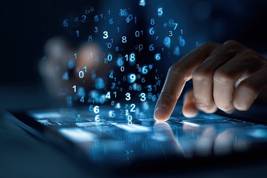 A hand touches a glowing tablet, surrounded by floating numbers