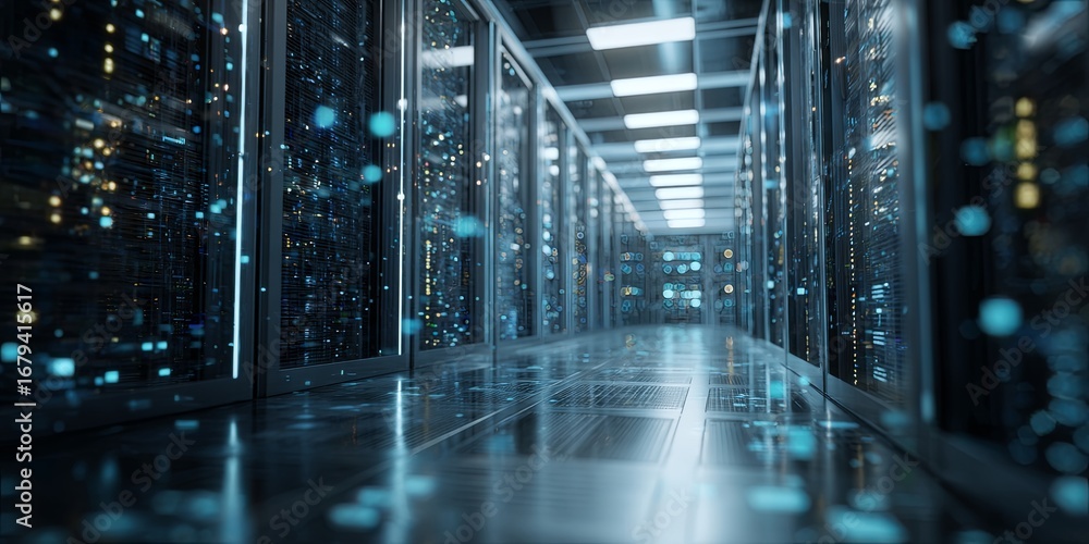 Poster futuristic data center with server racks and digital connections representing advanced technology an