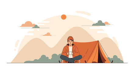 Serene Camper Enjoying Drink Outside of Tent Amidst Beautiful Mountain Sunrise