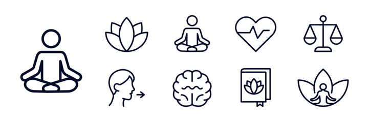 Mental health outline icon set, vector pack for wellbeing and psychology