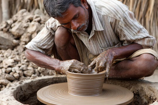indian Potter shaping clay on a wheel