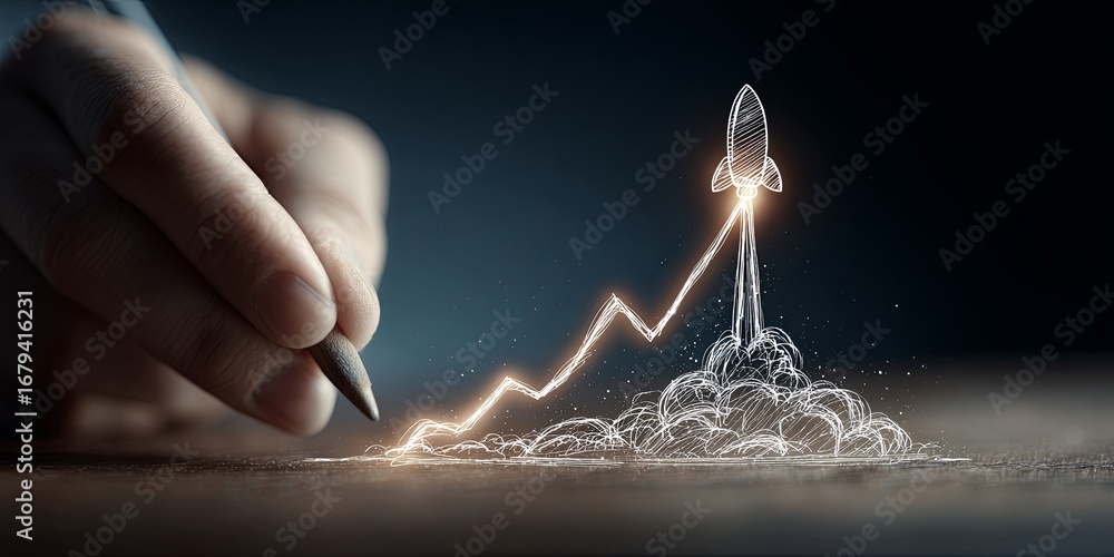 Poster hand drawing rocket launch with graph increase symbolizing growth and innovation concepts