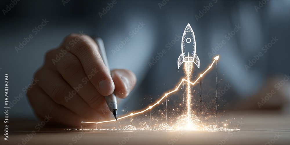 Poster hand drawing rocket launch with graph increase symbolizing growth and innovation concepts