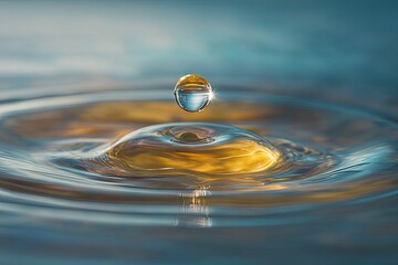 A single water droplet creates concentric ripples on a calm, golden-hued water surface