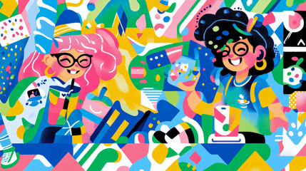 Fototapeta premium Lively digital illustration featuring two smiling young women with glasses, celebrating friendship and creativity amidst vibrant, abstract world of colorful shapes and joy