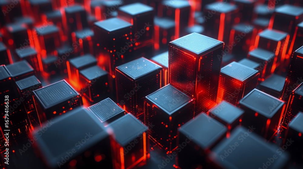 Poster futuristic digital landscape of glowing red data blocks and intricate circuits forming abstract tech