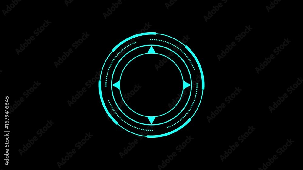 Poster futuristic cyan circular hud element with arrows on black background