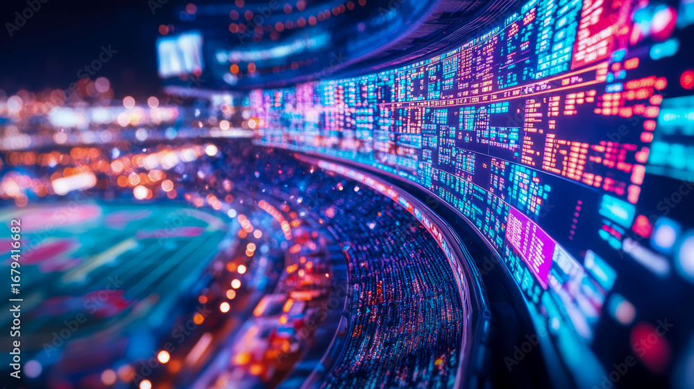 Poster vibrant and dynamic panoramic view of futuristic stadium, featuring glowing digital data streams and