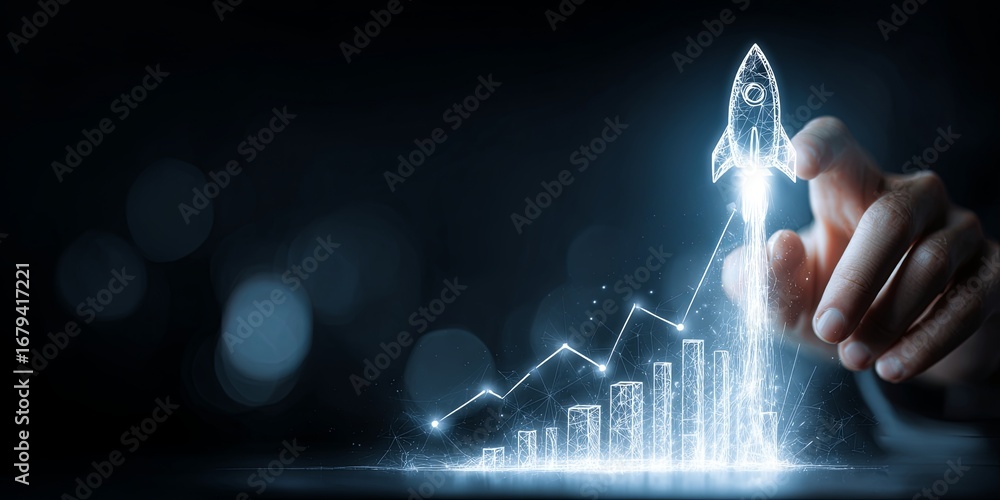 Poster hand reaching for rocket boosting on graph showing growth and success in business and innovation con